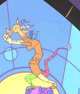 my little pony's discord depicted as a stained glass window while shuffling and bouncing