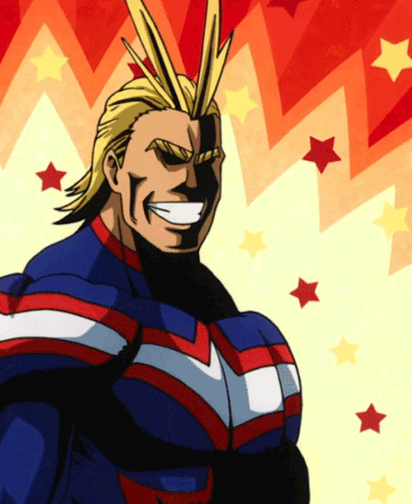 a gif of All Might in his muscle form giving a thumbs up in front of a warm geometric background with stars
