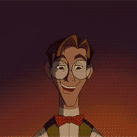 milo thatch from disney's atlantis: the lost empire. he is seen placing his grandfather's helmet on his head. after a moment, it slides down to cover his eyes, and he makes a dissatisfied expression.